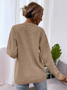 SHEIN LUNE 落肩镂空针织套头衫秋冬毛衣 - 棕色 - 查看 2