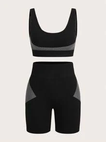 Easithlete Striped Print Wideband Waist Sports Set - Black - View 1