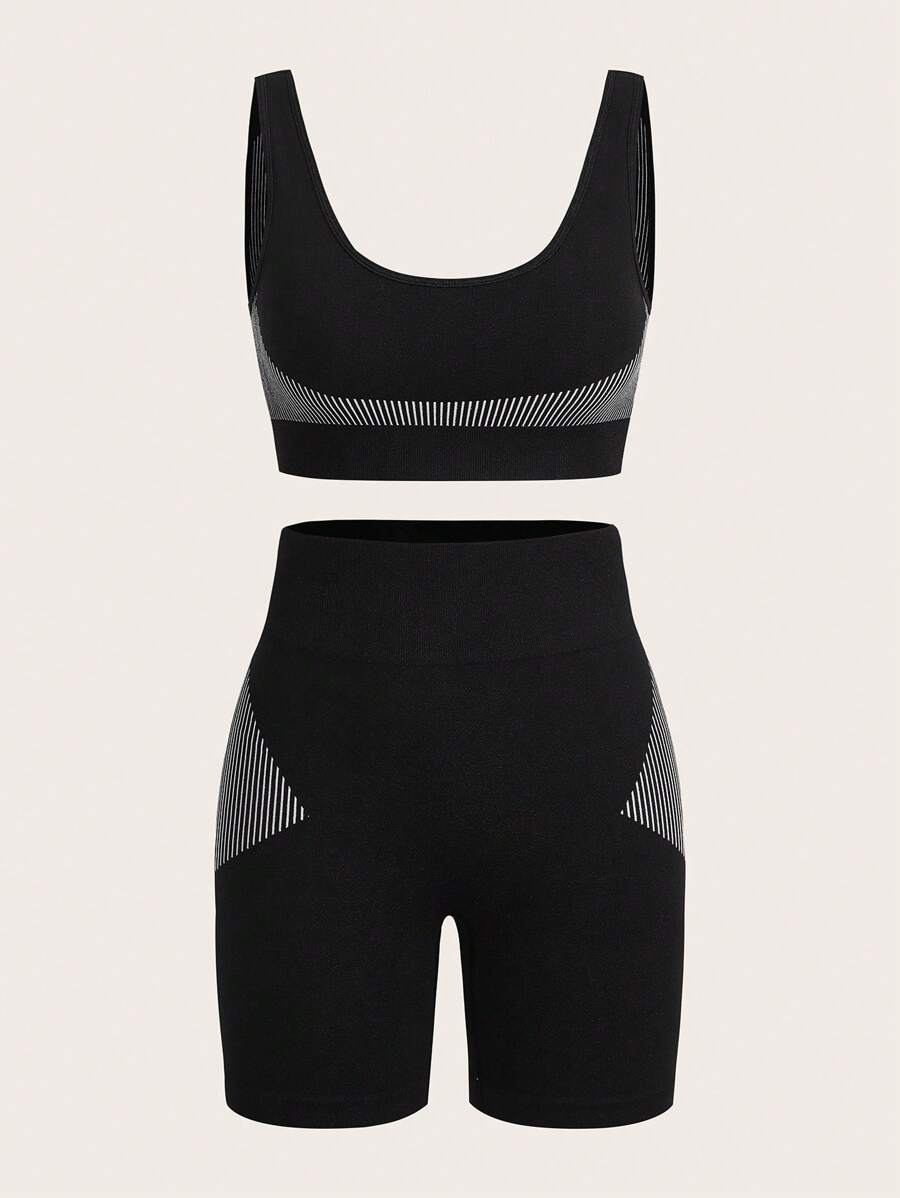 Easithlete Striped Print Wideband Waist Sports Set - Black - View 1