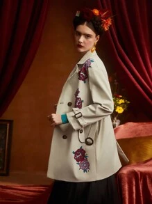 Frida Kahlo X SHEIN Floral Print Double Breasted Belted Trench Coat - Khaki - View 7