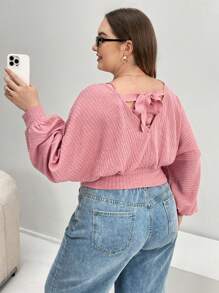 SHEIN Essnce 大碼純色蝙蝠翼袖T恤 - 粉色 - 查看 4