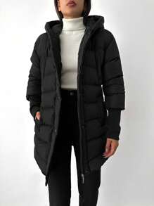 EURMUSE Solid Zip Up Hooded Puffer Coat - Black - View 4