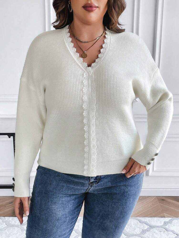 Plus Guipure Lace Trim Drop Shoulder Ribbed Knit Sweater