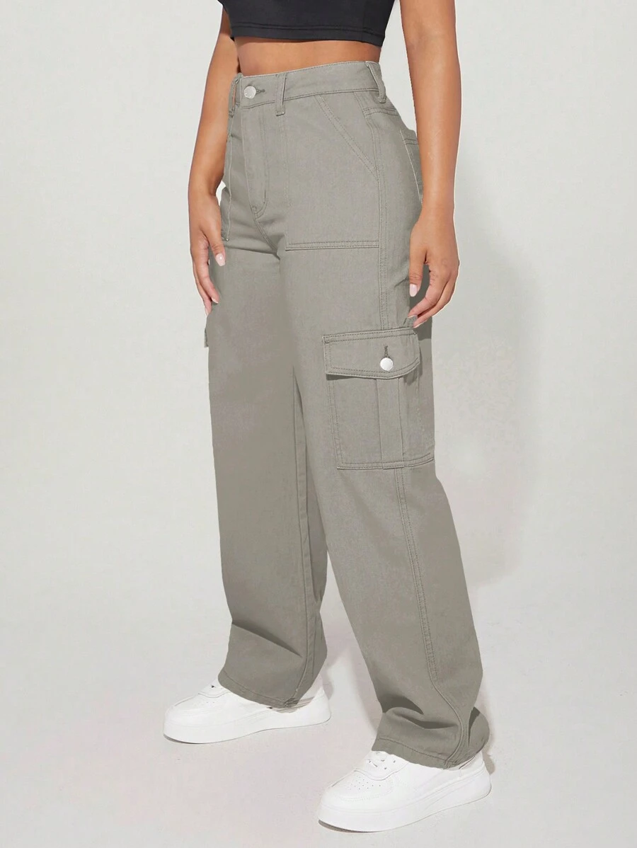 SHEIN PETITE 高腰側翻蓋口袋工裝牛仔褲 - 灰色 - 查看 1