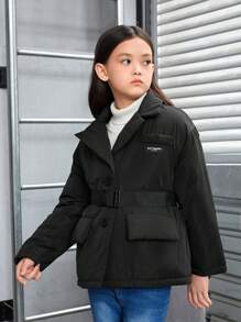 SHEIN Tween Girl Letter Patched Detail Drop Shoulder Belted Padded Coat