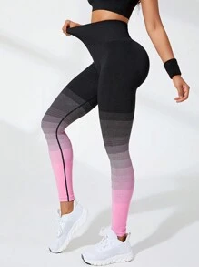 SHEIN Core Rhythm 女款渐变色收腹运动紧身裤瑜伽裤 - 粉色 - 查看 3