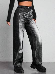 SHEIN PETITE Graphic Print Straight Leg Pants - Black - View 4