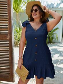 SHEIN LUNE Plus Tie Shoulder Ruffle Hem Summer Outfits Dress - Navy Blue - View 6