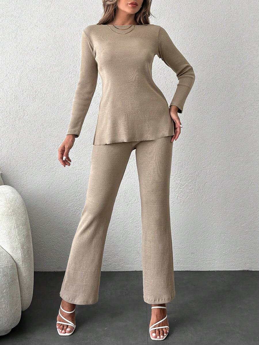 EURMUSE Solid Split Hem Tee & Flare Leg Pants - Beige - View 1