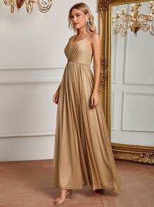 SHEIN Belle 不對稱領高衩伴娘洋裝 - 卡其色 - 查看 5