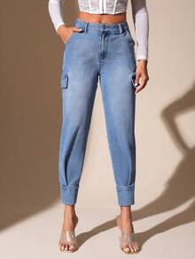 SHEIN Essnce Flap Detail Tapered Jeans - Blue - View 4