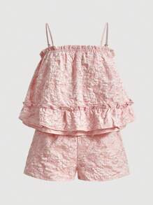 GENKIRA Dệt hoa Xù Hoa Sen Áo Cami & Quần short - Hồng - Xem 1
