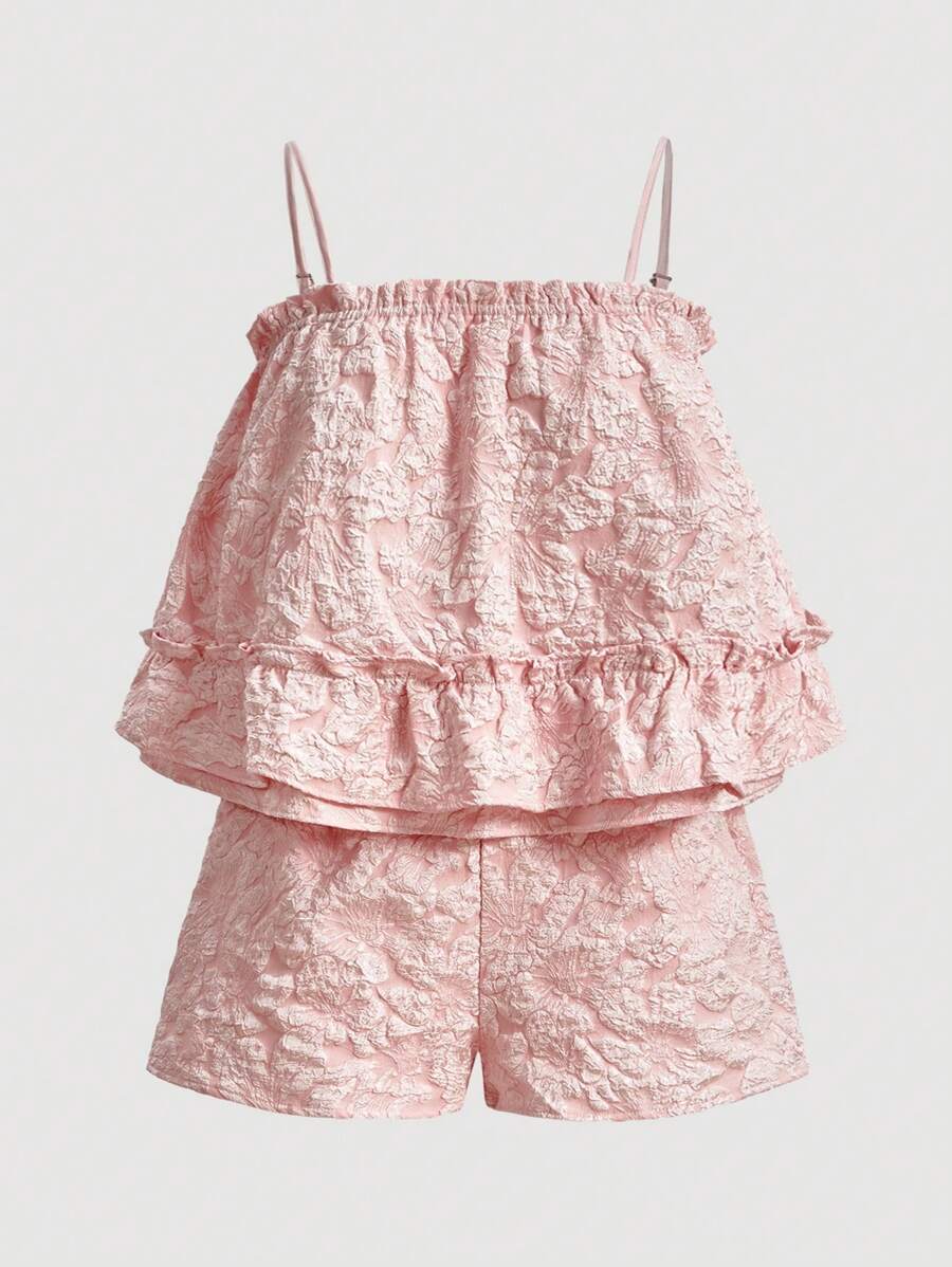 GENKIRA Dệt hoa Xù Hoa Sen Áo Cami & Quần short - Hồng - Xem 1