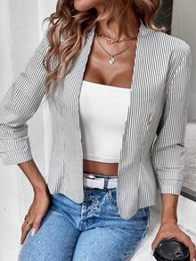 SHEIN Frenchy 條紋印花開門襟西裝外套 - 黑與白 - 查看 3