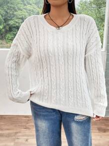 Flirla 加大码麻花针织落肩套头毛衣秋冬毛衣 - 白色 - 查看 6