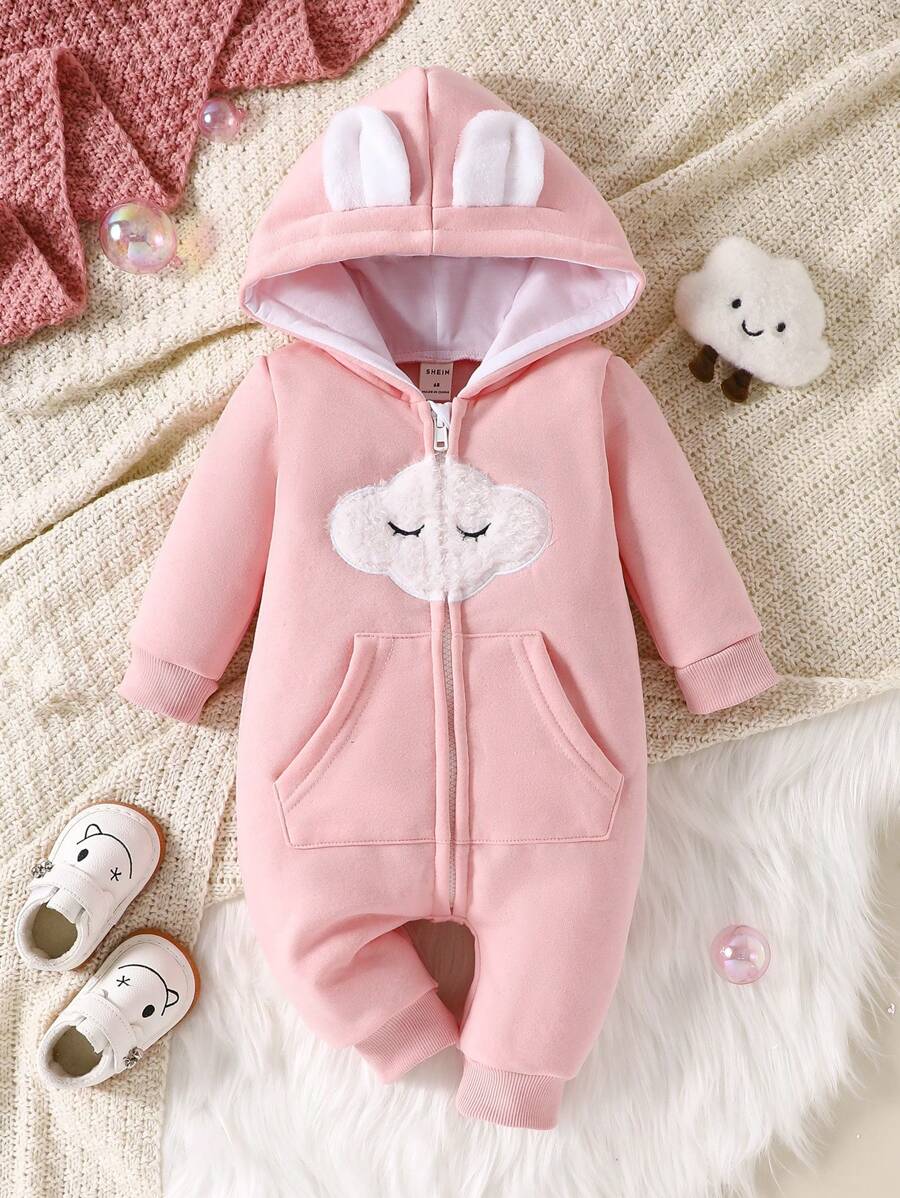 女嬰雲朵圖案3D耳朵設計連帽前拉鍊連身褲 - 粉色 - 查看 1