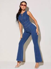 SHEIN Privé Mở Lưng Chân bùng Denim Áo liền quần - Màu xanh lam - Xem 5