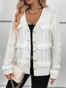 SHEIN Essnce Viền rìa Nút phía trước Áo len Mở - trắng - Xem 3