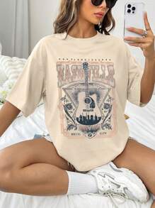 INAWLY Guitar & Letter Graphic Drop Shoulder Tee - Khaki - View 3