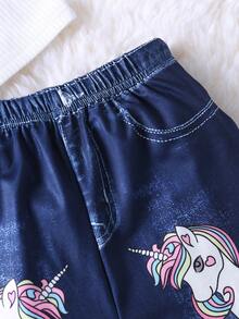 SHEIN Chica Joven Pantalones acampanados con estampado de unicornio - Azul - Ver 3