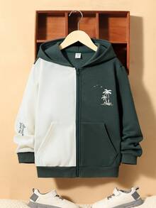 SHEIN 男童双色字母和棕榈树印花保暖内衬卫衣 - 墨綠色 - 查看 2