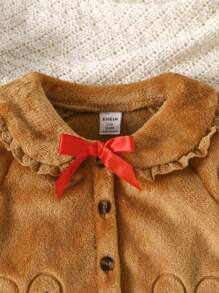 Baby Girl Cartoon Embroidery Peter Pan Collar Bow Front Jacket - Khaki - View 4