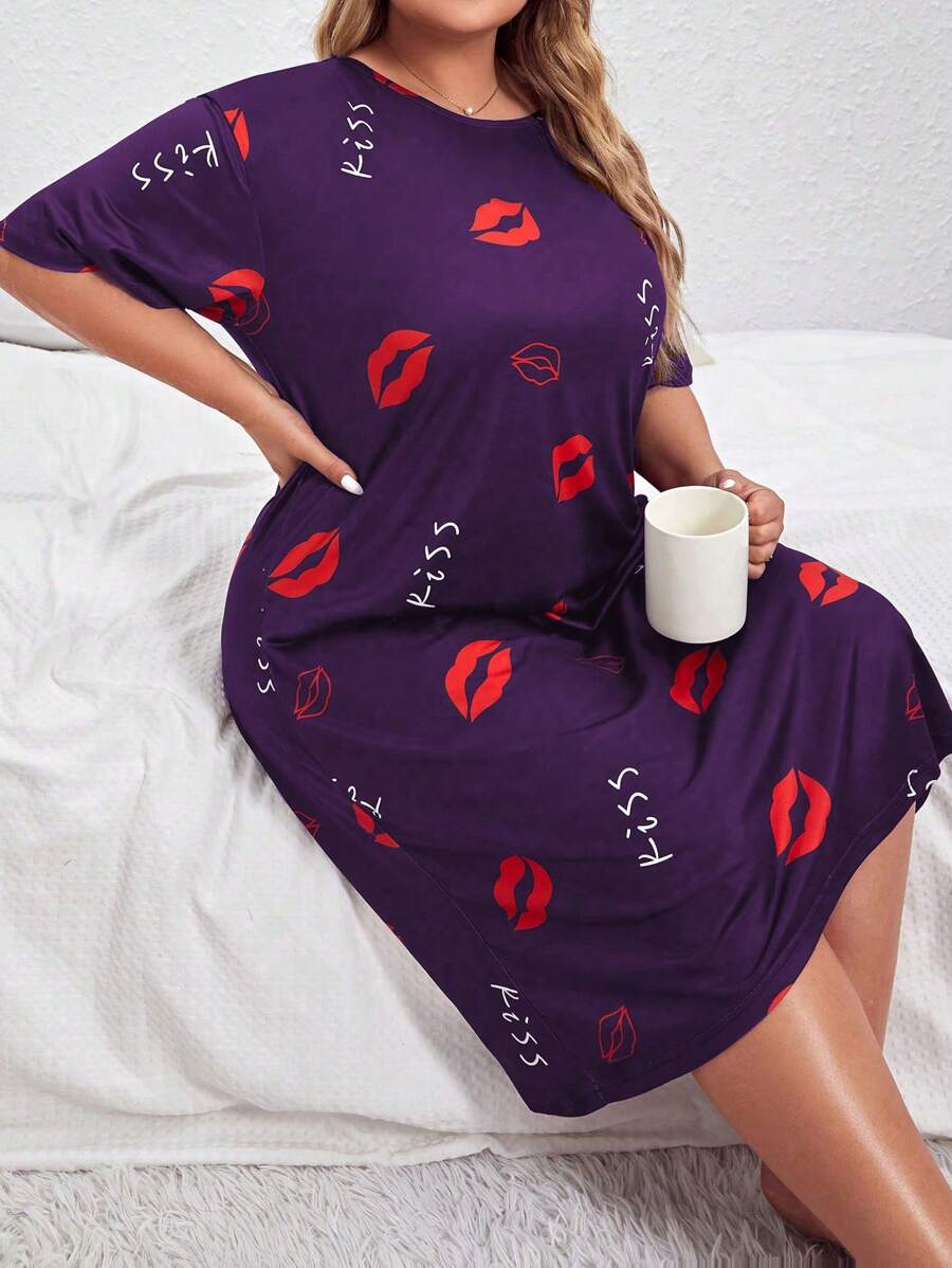Plus Lip Print Nightdress - Purple - View 1