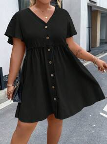 Vionelle Plus Button Front Frill Trim Dress - Black - View 3