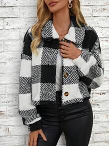 SHEIN LUNE Plaid Button Front Teddy Jacket - Black - View 4