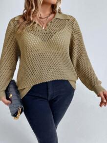 SHEIN LUNE Suéter de punto calado talla grande, suéter de punto de otoño e invierno - Caqui - Ver 1