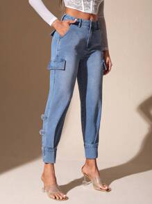 SHEIN Essnce Flap Detail Tapered Jeans - Blue - View 1