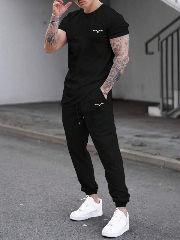 Manfinity Homme Men Seagull Graphic Print Tee & Drawstring Waist Sweatpants