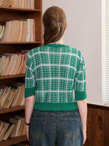 Aveloria Plaid Pattern Scallop Trim Button Front Cardigan - Green - View 2