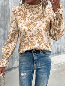 SHEIN LUNE 印花荷葉袖褶邊領襯衫 - 卡其色 - 查看 4