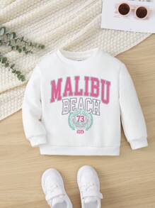 Baby Girl Solid Color Letter Graphic Pullover Casual Sweatshirt, Suitable For Spring/Autumn - White - View 1