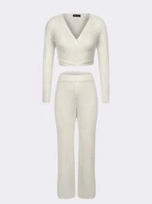 SHEIN Unity Solid Wrap Tie Back Sweater & Knit Pants Fall Cloth For Women - Apricot - View 1