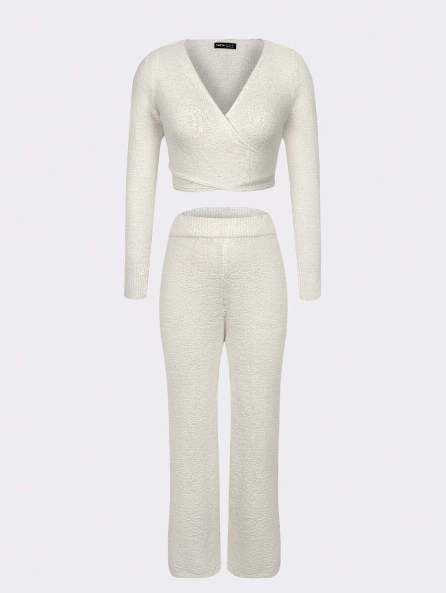 SHEIN Unity Solid Wrap Tie Back Sweater & Knit Pants Fall Cloth For Women - Apricot - View 1