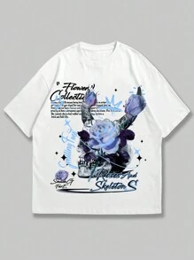 ROMWE MEN Street Life Camiseta masculina floral e com slogan, escola - Branco - Ver 1