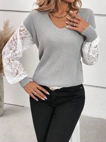 SHEIN LUNE Ren tương phản Tay áo lồng đèn Cổ v Áo len - Xám - Xem 6