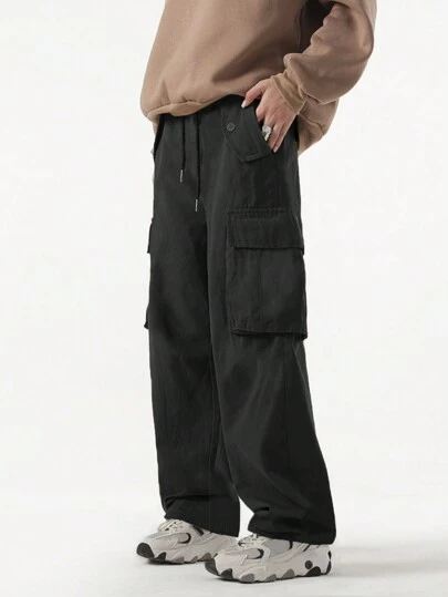 ROMWE MEN Casual Men Flap Pocket Side Drawstring Waist Cargo Baggy Pants, School, For Fall