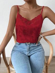 SHEIN LUNE Floral Jacquard Contrast Lace Satin Cami Top - Red - View 4