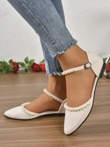 2025 Autumn Women Pointed Toe Flat Sandals, Pearl Decor Buckle Design Hollow-Out Slip-On Sandals, All Season - White - View 5
