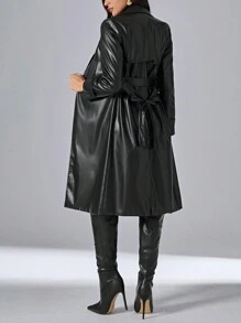 SHEIN Privé Zip Up PU Leather Coat - Black - View 4