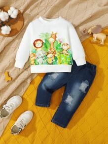Baby Girl Cartoon Graphic Sweatshirt & Ripped Frayed Bleach Wash Jeans - Multicolor - View 1
