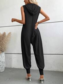 Breezaya 素色前紐扣連帽無袖連體褲 - 黑色 - 查看 2