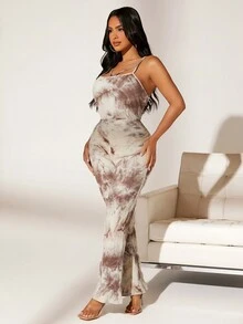 SHEIN SXY 紮染喇叭吊帶連體褲 - 棕色 - 查看 5