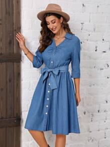 SHEIN LUNE Nút phía trước Thắt lưng Đầm Denim - Màu xanh lam - Xem 5