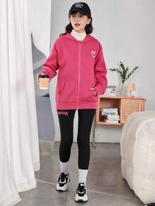 少女心形印花落肩拉链卫衣 - 玫紅色 - 查看 4