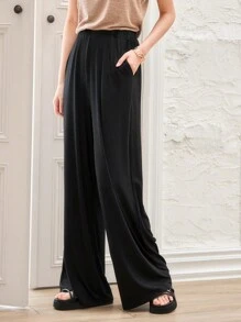 SHEIN BASICS Pantalones de pierna ancha unicolor - Negro - Ver 6