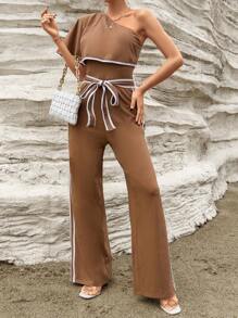 SHEIN Privé Jumpsuit mit einer Schulter frei, Kontrastsaum, Gürtel, - Braun - Übersicht 5